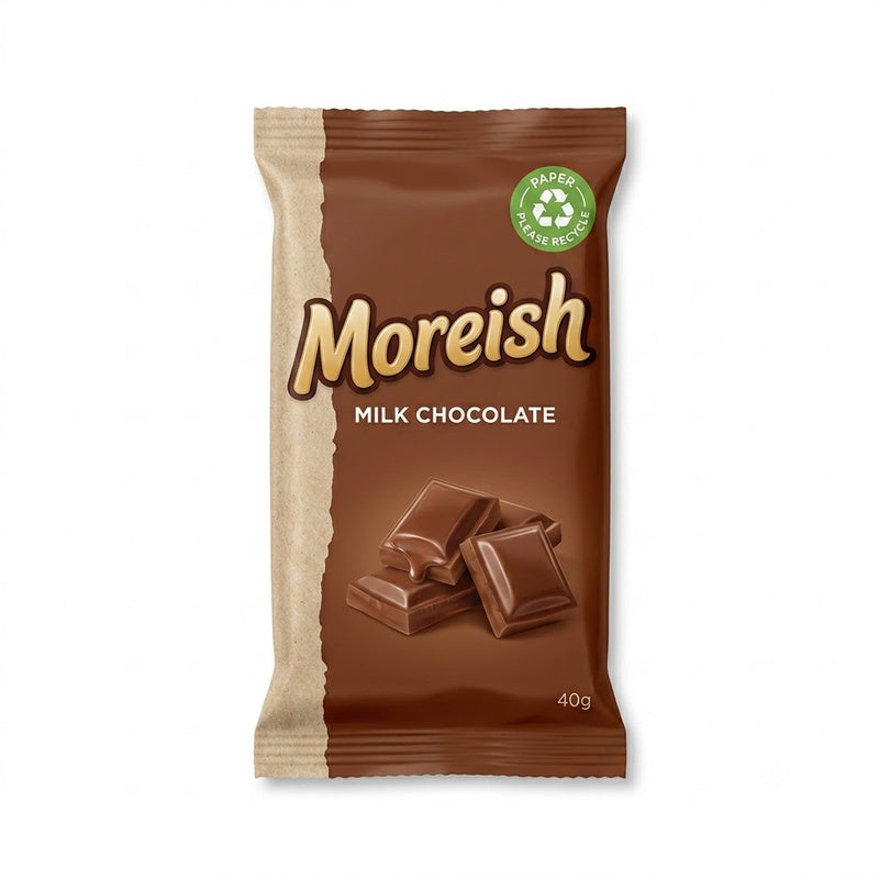 Milk chocolate bar in a Zeropac kerbside-recyclable light barrier paper flow wrap with kraft side panel