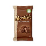 Milk chocolate bar in a Zeropac kerbside-recyclable light barrier paper flow wrap with kraft side panel