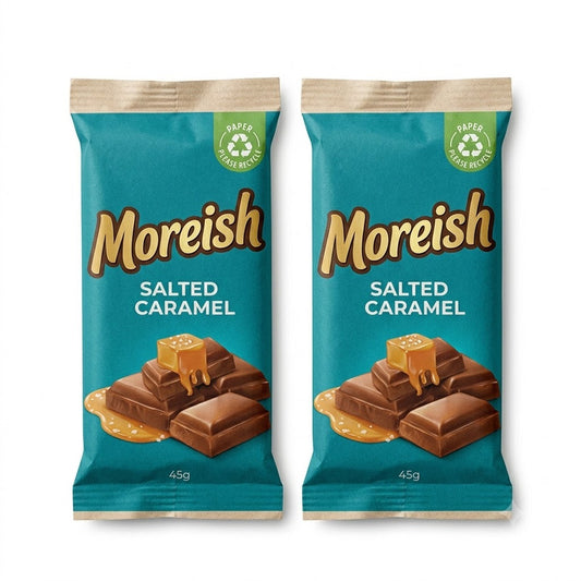 Two salted caramel chocolate bars in Zeropac kerbside-recyclable medium barrier paper flow wraps