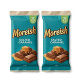 Two salted caramel chocolate bars in Zeropac kerbside-recyclable medium barrier paper flow wraps