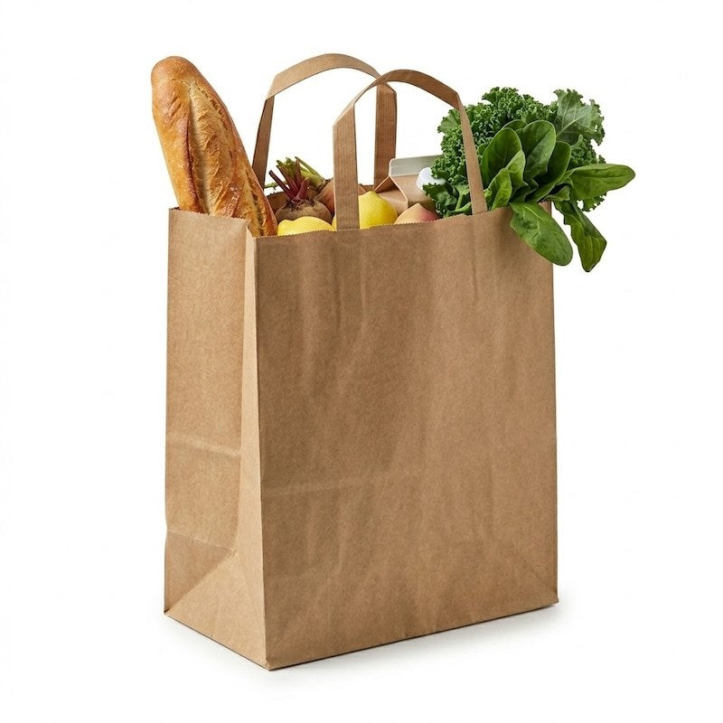 Person carrying Zeropac Paper Bag Flat Handle Large with fresh bread and vegetables at a farmers market
