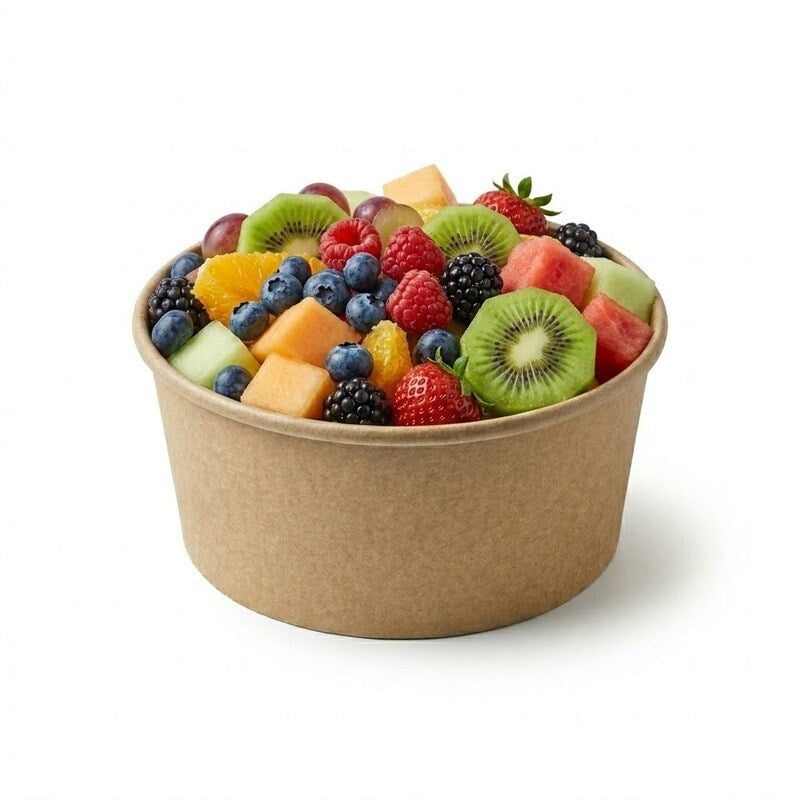 Kraft paper bowl filled with kiwi, berries, melon, and pineapple
