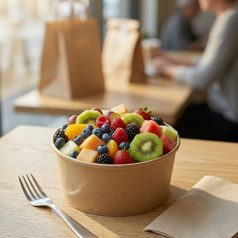 Cafe breakfast bowl with fresh fruit in kraft paper container