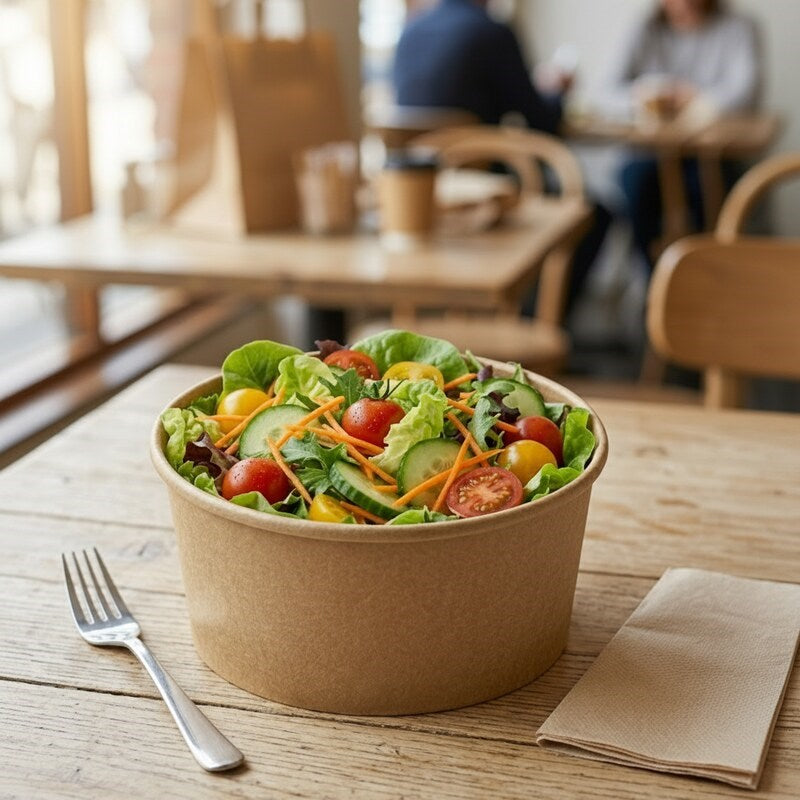 Salad in Zeropac kraft bowl on cafe table with fork and napkin