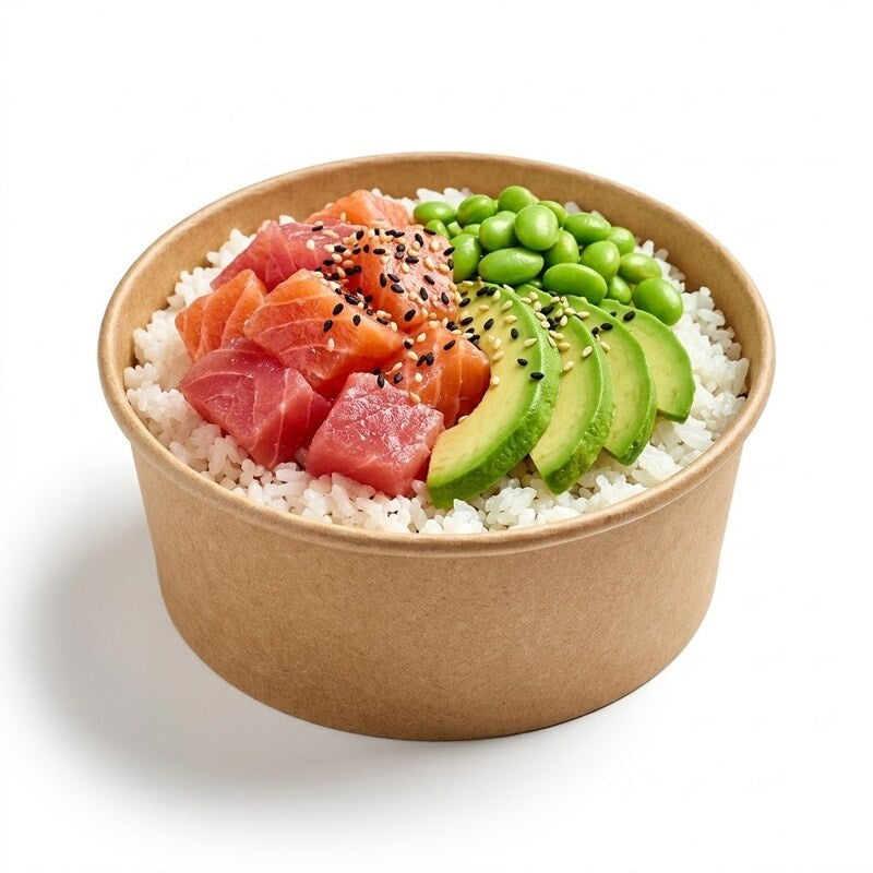 Zeropac bowl holding poke bowl with salmon, tuna and avocado