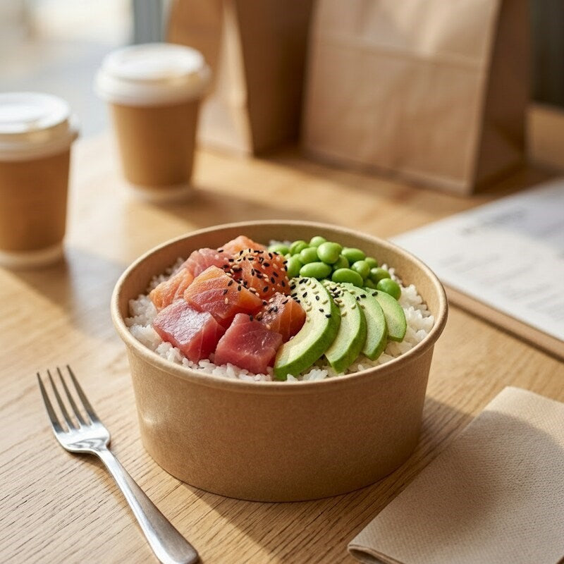Poke bowl in Zeropac container on cafe table with coffee cups