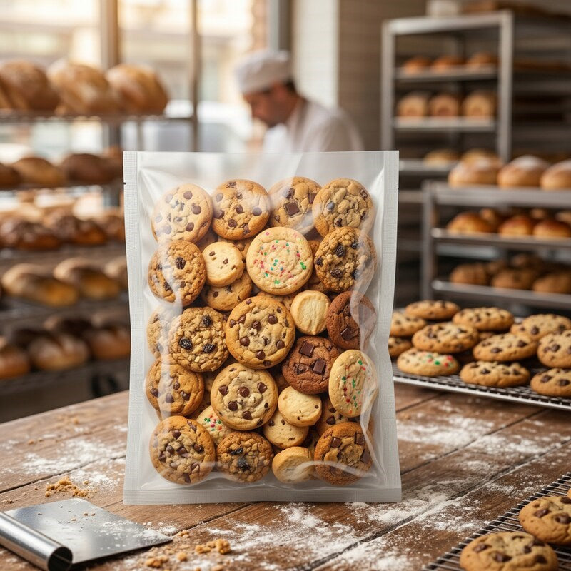 Large laminate cookie bag in active bakery with fresh pastries and bread