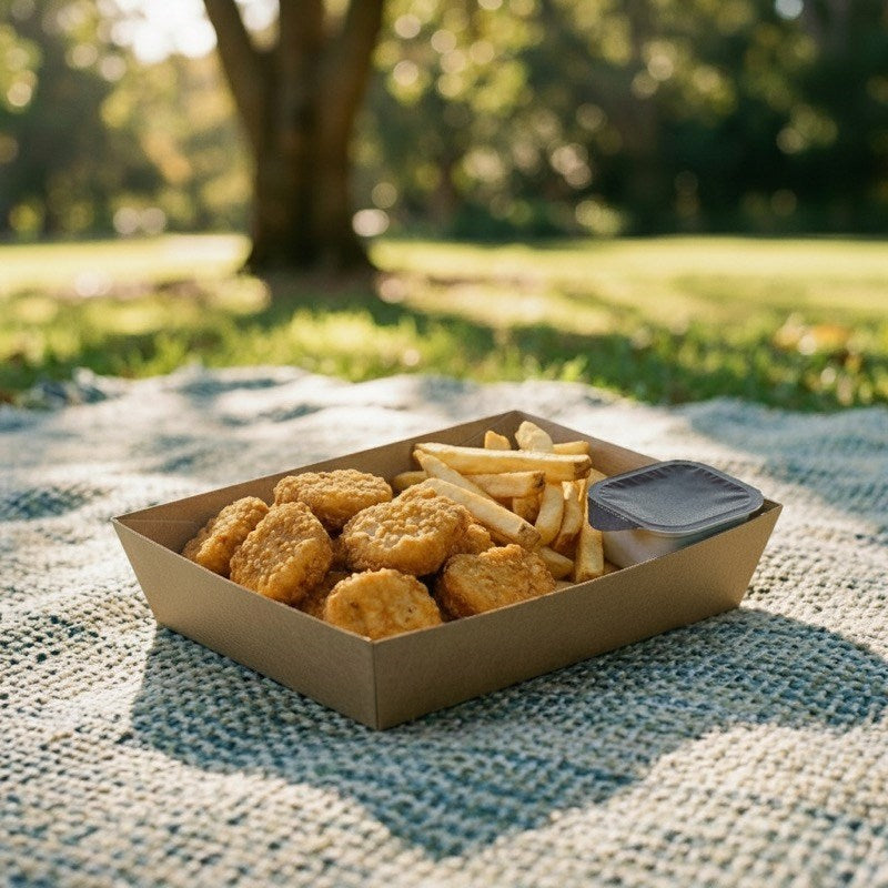 Picnic at park with Zeropac tray of fried chicken and fries