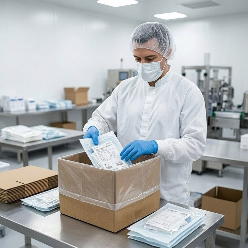 Worker in cleanroom using Zeropac carton liner for documents