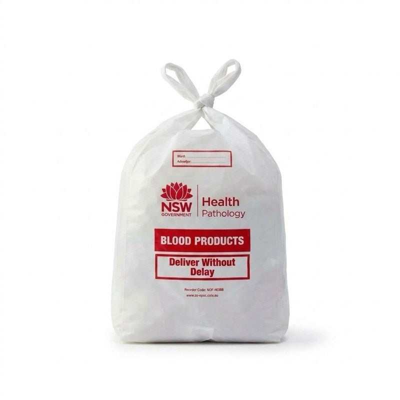 Healthcare worker in blue gloves holding NSW Health blood products bag