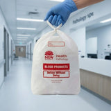 NSW Health blood products bag with red medical alert label in pathology facility