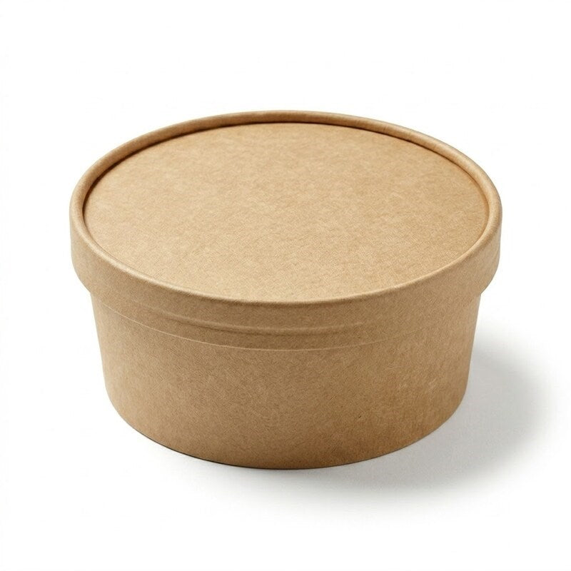 Kraft bowl with Zeropac PLA-coated paper lid at cafe counter