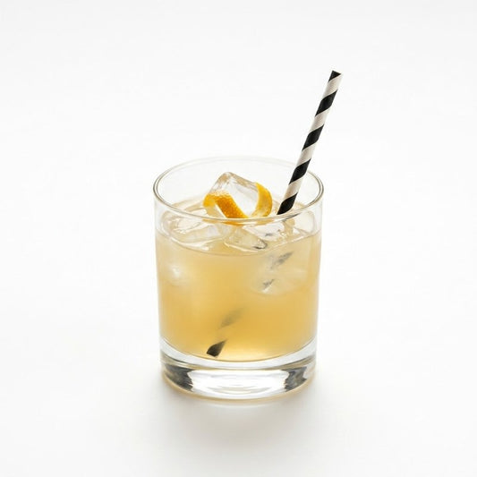 Black striped paper straw in whiskey cocktail with lemon twist