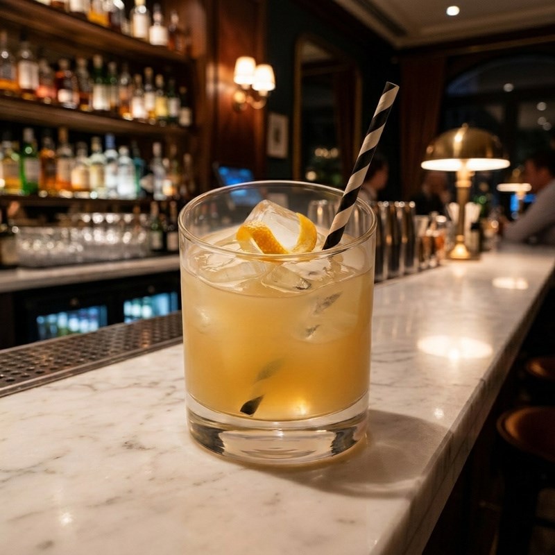 Black striped paper straw in mixed cocktail at upscale waterfront bar