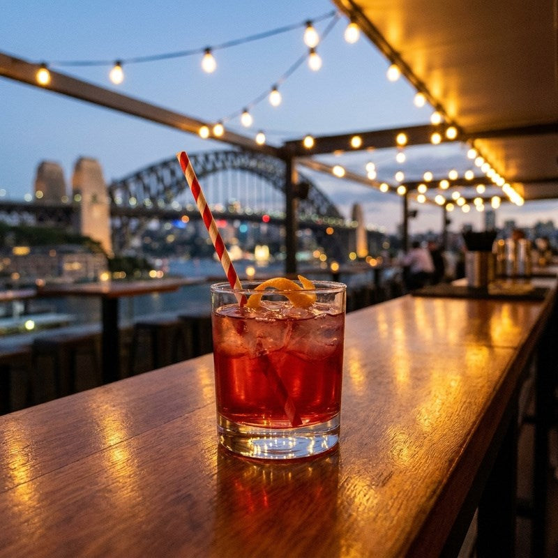 Red striped paper straw in cocktail at sunset outdoor waterfront venue