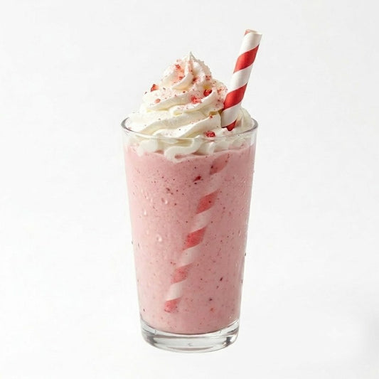 Zeropac Paper Straw Jumbo Red Stripe holding a strawberry drink with whipped cream