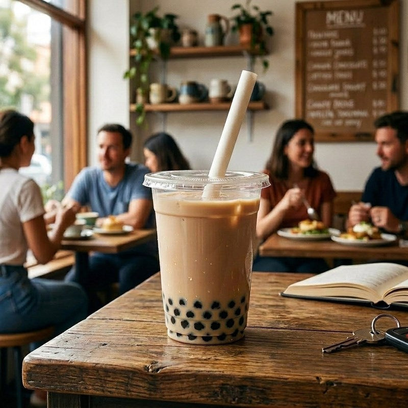 Customer at cafe drinking bubble tea with white paper straw
