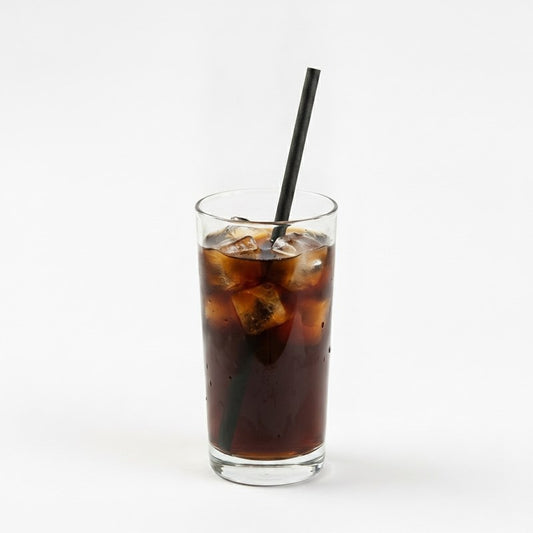 Black paper straw in cola soft drink with ice