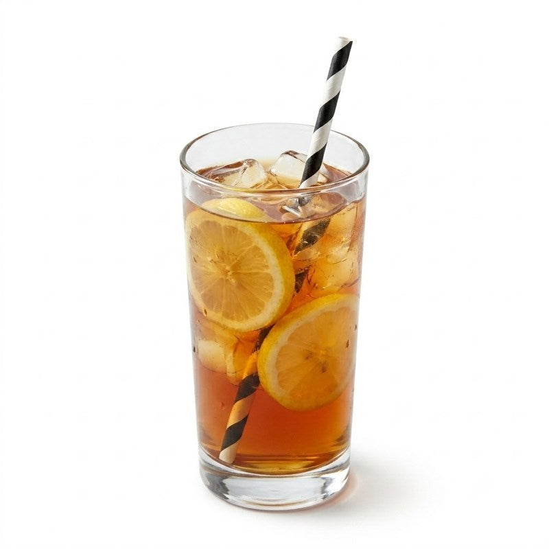 Zeropac Paper Straw Regular Black Stripe in an iced cola drink with lemon slices
