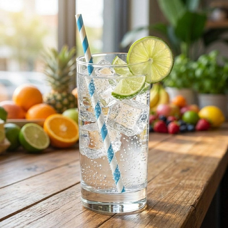 Sunny kitchen scene with Zeropac Paper Straw Regular Blue Stripe in sparkling drink with lime