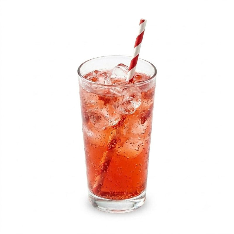 Zeropac Paper Straw Regular Red Stripe in a cold red soda beverage with ice cubes