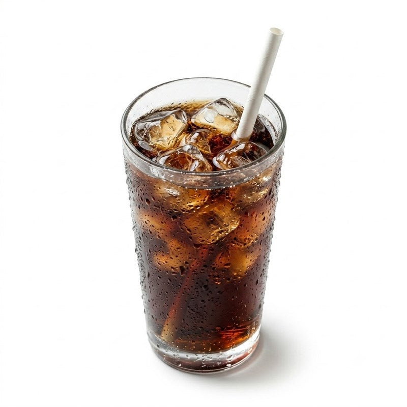 White paper straw in cola soft drink with ice