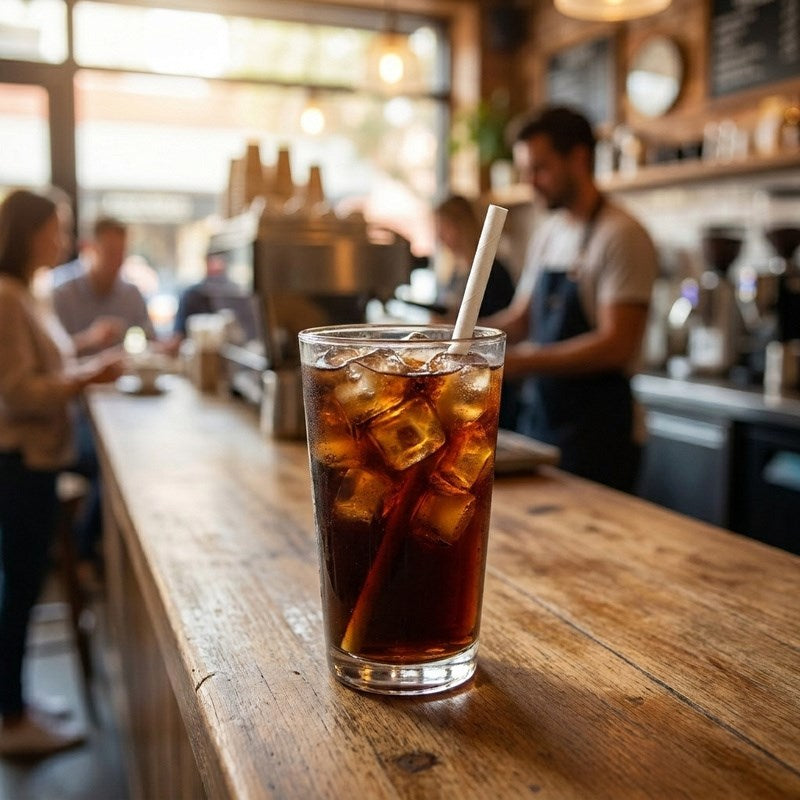 Regular white paper straw in cold cola at busy cafe setting