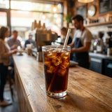 Regular white paper straw in cold cola at busy cafe setting