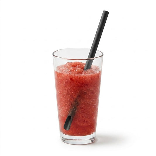 Zeropac Paper Straw Spoon All Black holding a chilled red slushy granita drink
