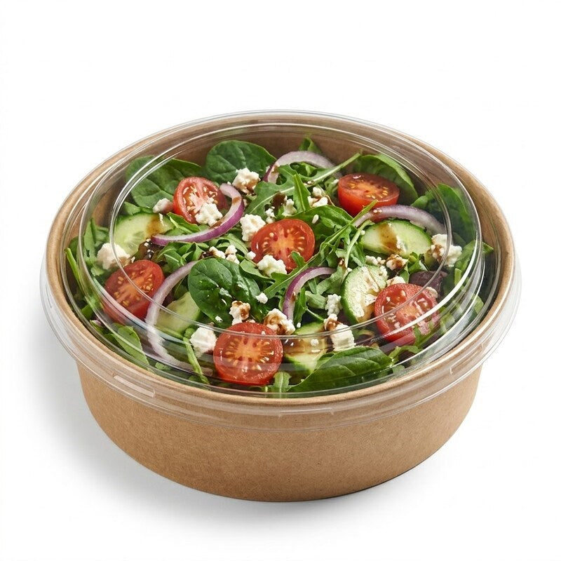 Zeropac kraft bowl with clear PET lid holding fresh garden salad