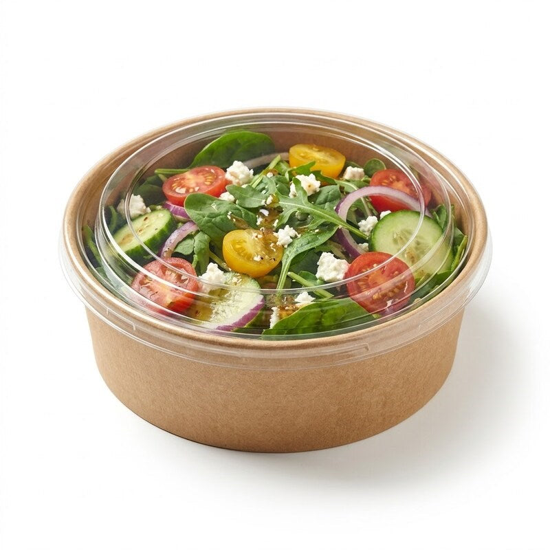 Zeropac clear PET salad bowl filled with fresh lettuce, tomatoes, cucumber, peppers, and cheese