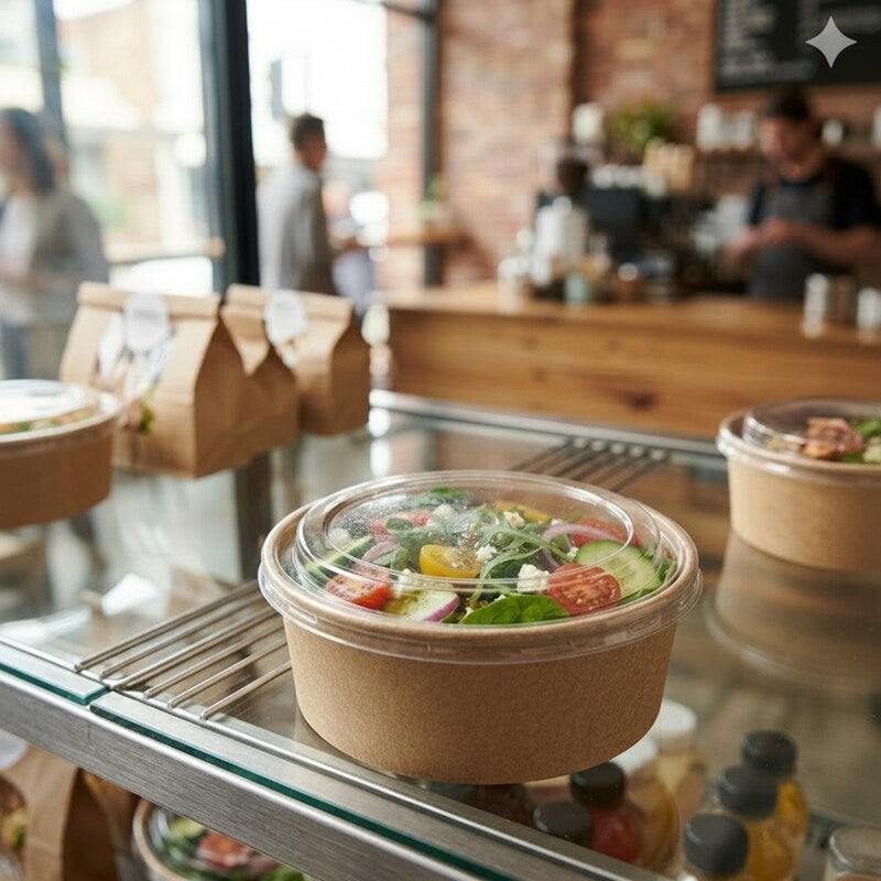 Cafe counter displaying Zeropac clear PET salad bowls with fresh vegetables in retail food service