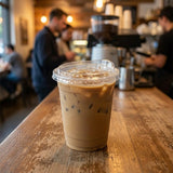 Cafe environment with Zeropac PET Straw-Free Lid 90mm on iced coffee drink