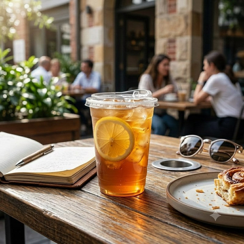 Person using Zeropac PET straw-free lid at outdoor cafe beside notebook and pastry