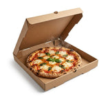 Zeropac Pizza Box Brown 9 Inch holding margherita pizza with fresh basil