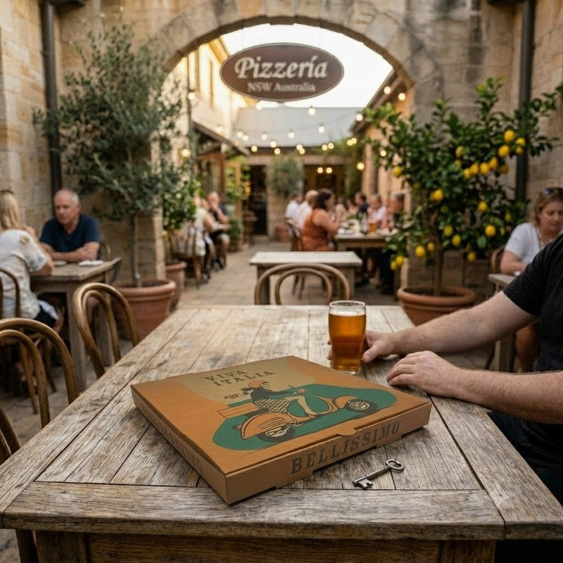 Printed pizza box on table at Italian pizzeria outdoor seating area