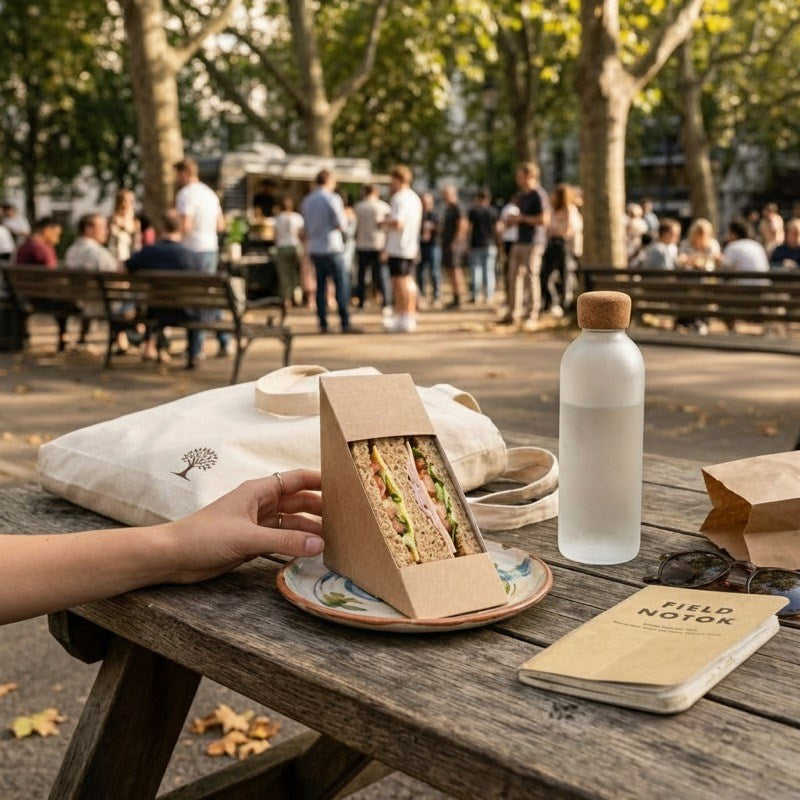 Person holding Zeropac sandwich wedge at outdoor park picnic with crowds