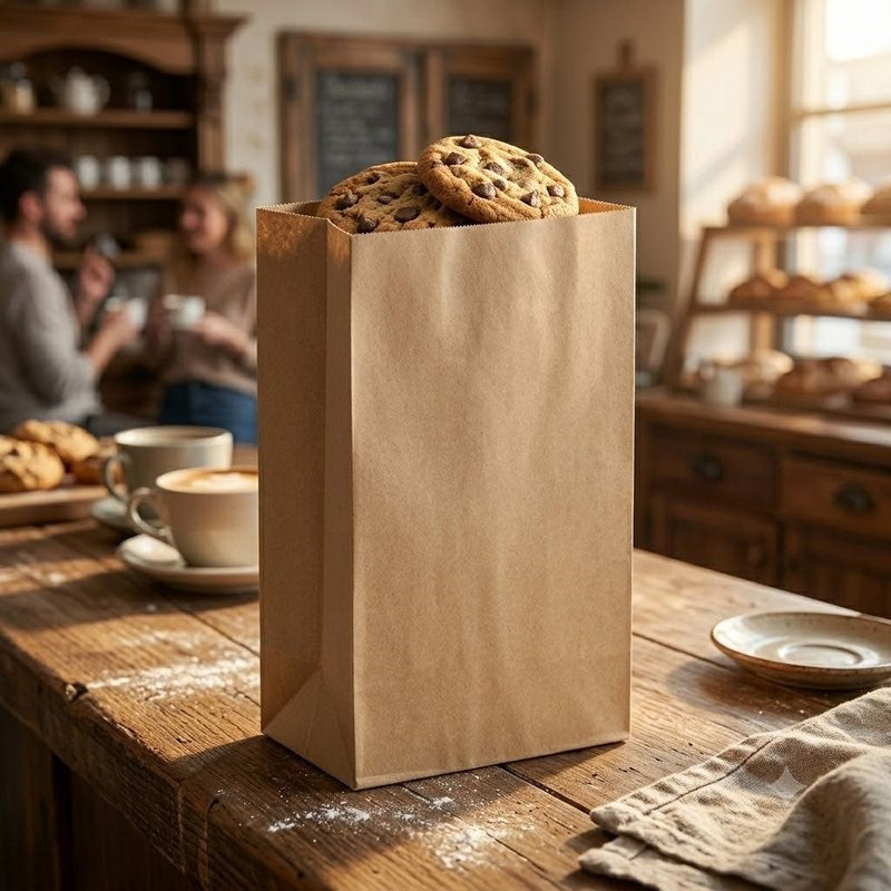 Cafe employee handing Zeropac SOS Bag No 4 Brown with fresh cookies