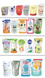 Collection of spout bags containing milk, detergents, oils, soups and personal care products