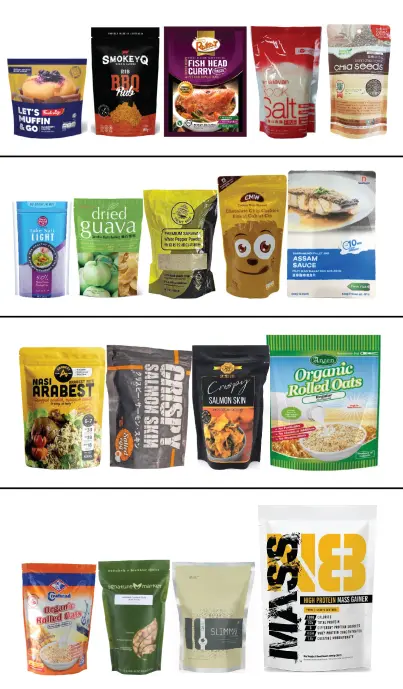 Collection of standing pouches containing snacks, dried fruits, grains, beverages and protein products