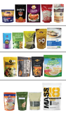 Collection of standing pouches containing snacks, dried fruits, grains, beverages and protein products