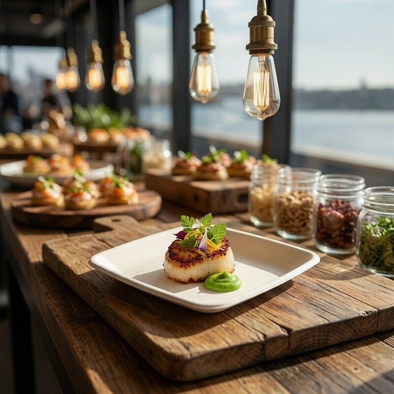 Zeropac sugarcane taster plates at oceanfront venue formal dinner event