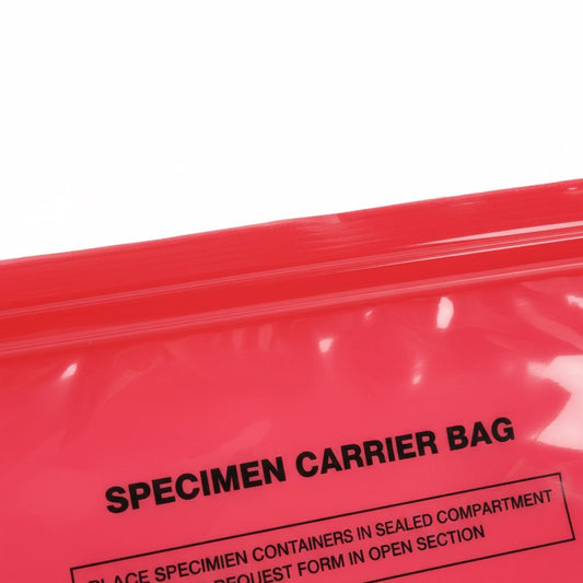Close-up of the red zip-seal closure and top section of an urgent Zeropac specimen carrier bag.