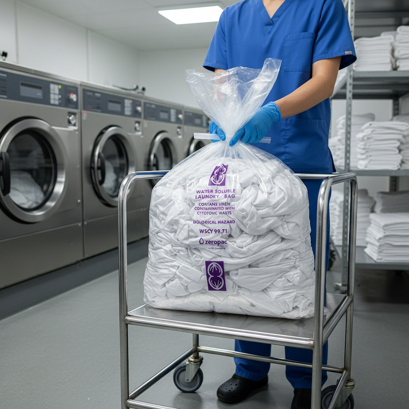Nurse using water-soluble laundry bag at industrial washing machine in laundry facility