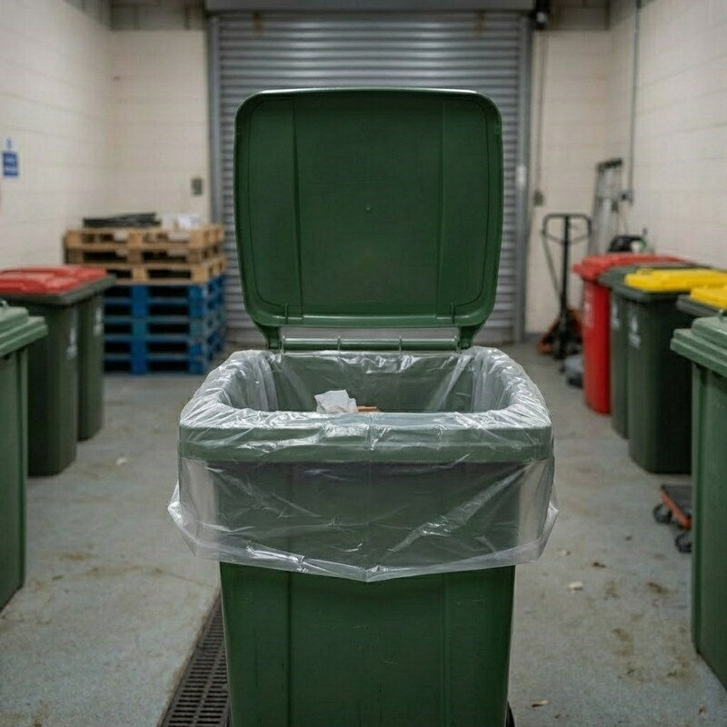 Worker lifting lid of green wheeled bin fitted with Zeropac clear liner