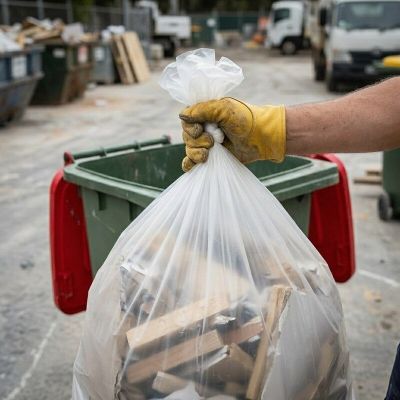 Worker in yellow gloves holding natural bin liner above green wheeled bin