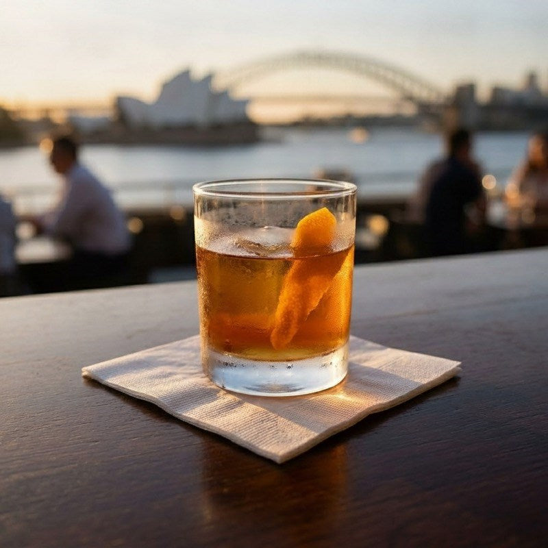 Amber cocktail with ice and orange slice on Zeropac White napkin at sunset patio