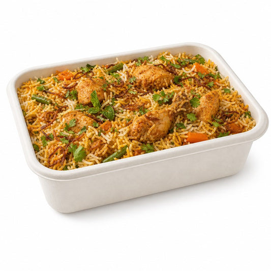 Zeropac 910ml tray holding chicken biryani with fried onions and herbs