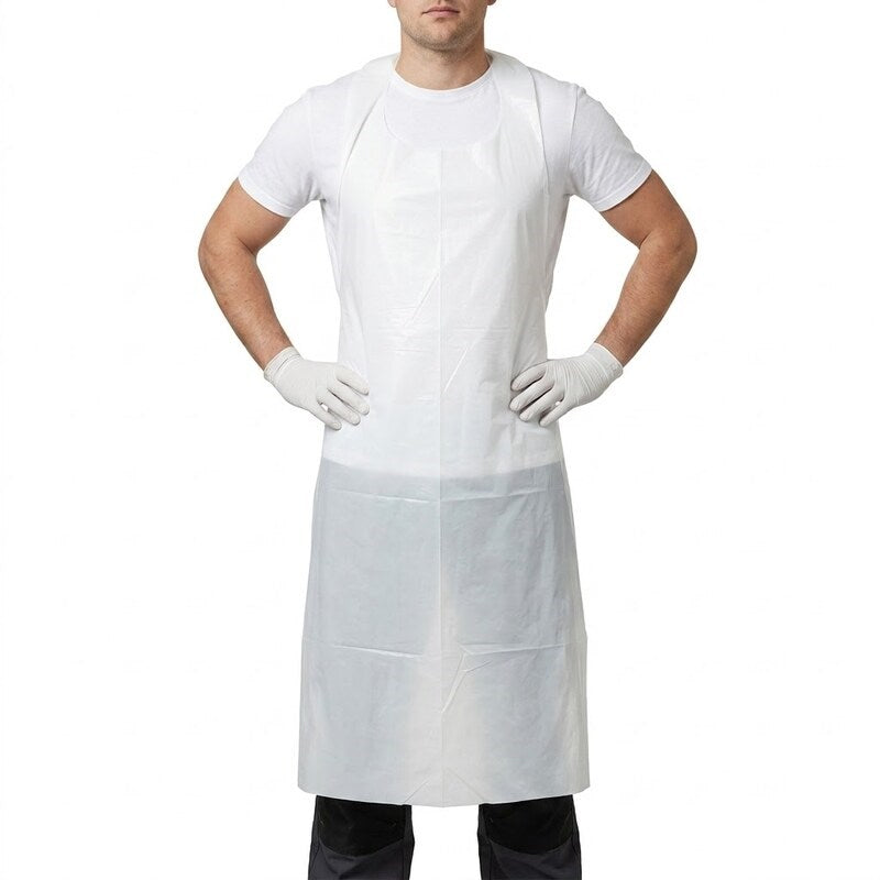 Man in protective gloves wearing Zeropac White Disposable Apron 1600x810mm