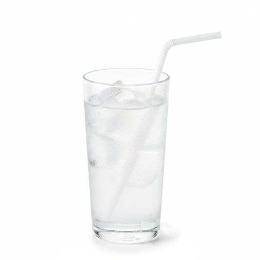 Flexible Zeropac straw in cold water with ice in clear glass